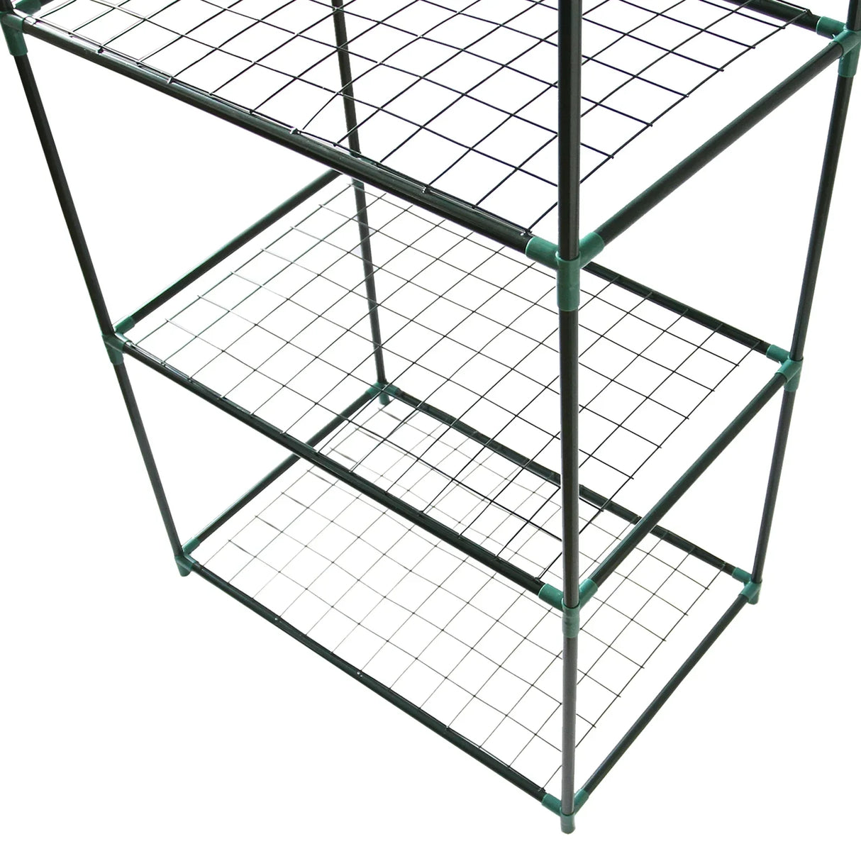 Mini greenhouse with four wire mesh shelves, black metal frame, and green plastic connectors, ideal for indoor or outdoor gardening