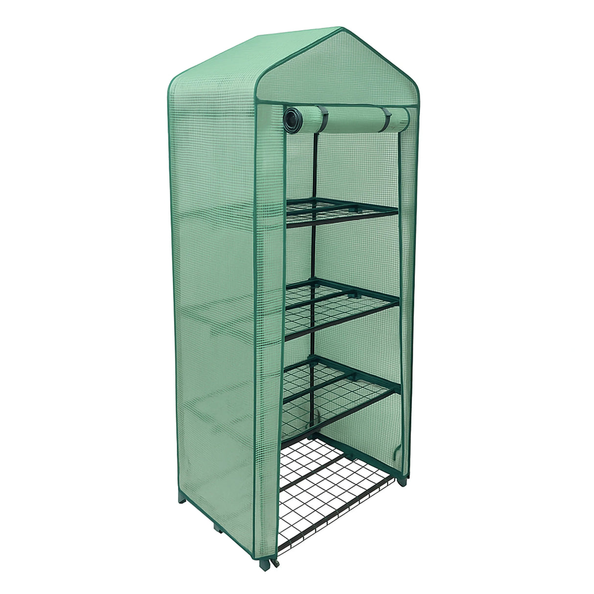 4-tier greenhouse with a green PE cover, mesh design, sturdy shelves, and a peaked roof, ideal for plant growth and protection