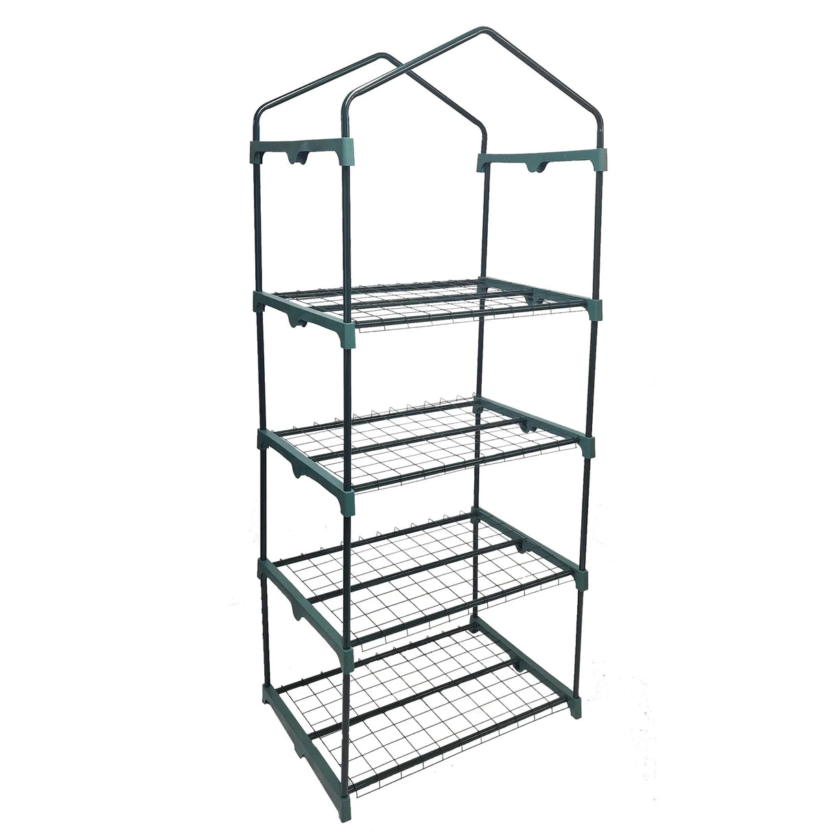 4-tier greenhouse with a sturdy metal frame, green PE cover, and wire shelving for optimal plant growth and organization
