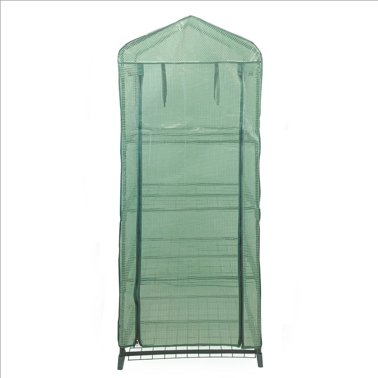 4-tier greenhouse with a green PE cover, featuring a sturdy metal frame and mesh design for optimal ventilation and plant growth