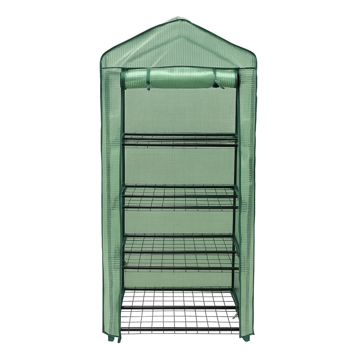 4-tier greenhouse with a green PE cover, featuring a sturdy metal frame and mesh design for ventilation and plant growth