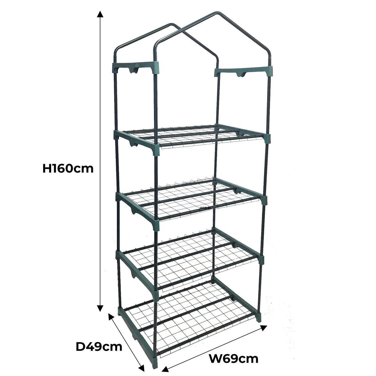 4-tier greenhouse with a sturdy metal frame, green PE cover, and wire shelves, measuring 160cm high, 69cm wide, and 49cm deep