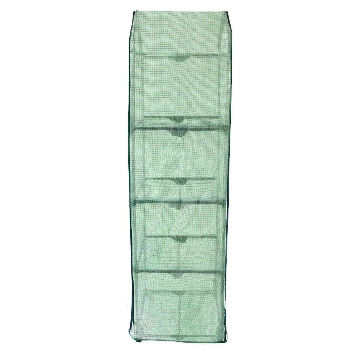 Four-tier greenhouse with a green PE cover, featuring mesh shelves for optimal airflow and plant growth, ideal for gardening