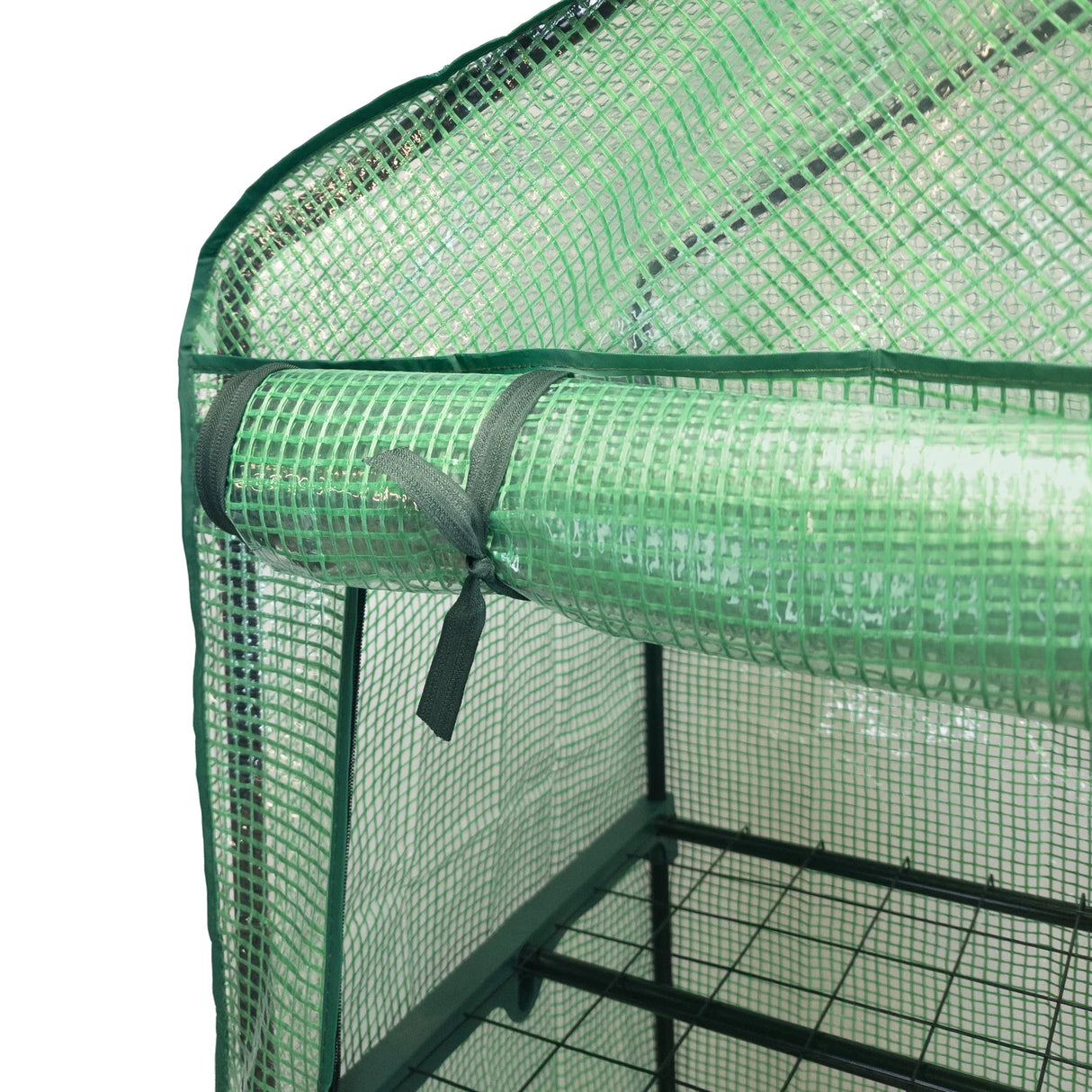 Close-up of the Greenhouse 4 Tier with PE cover, showcasing the green mesh material, sturdy frame, and secure fastening straps