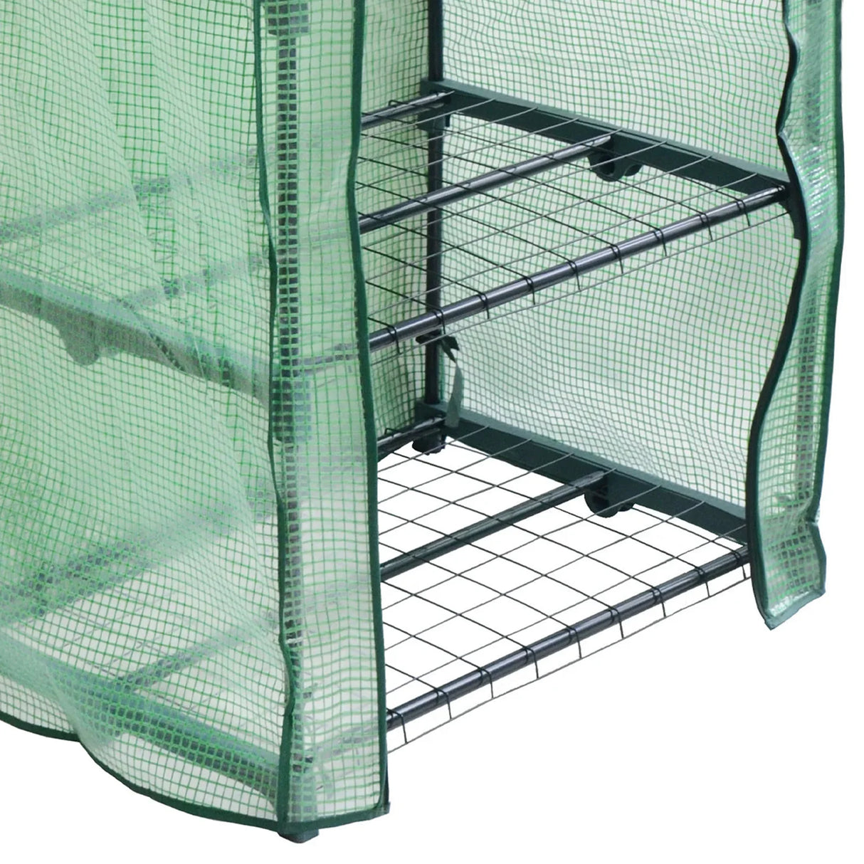4-tier greenhouse with a green PE cover, featuring mesh sides, sturdy metal shelves, and a compact design for gardening use