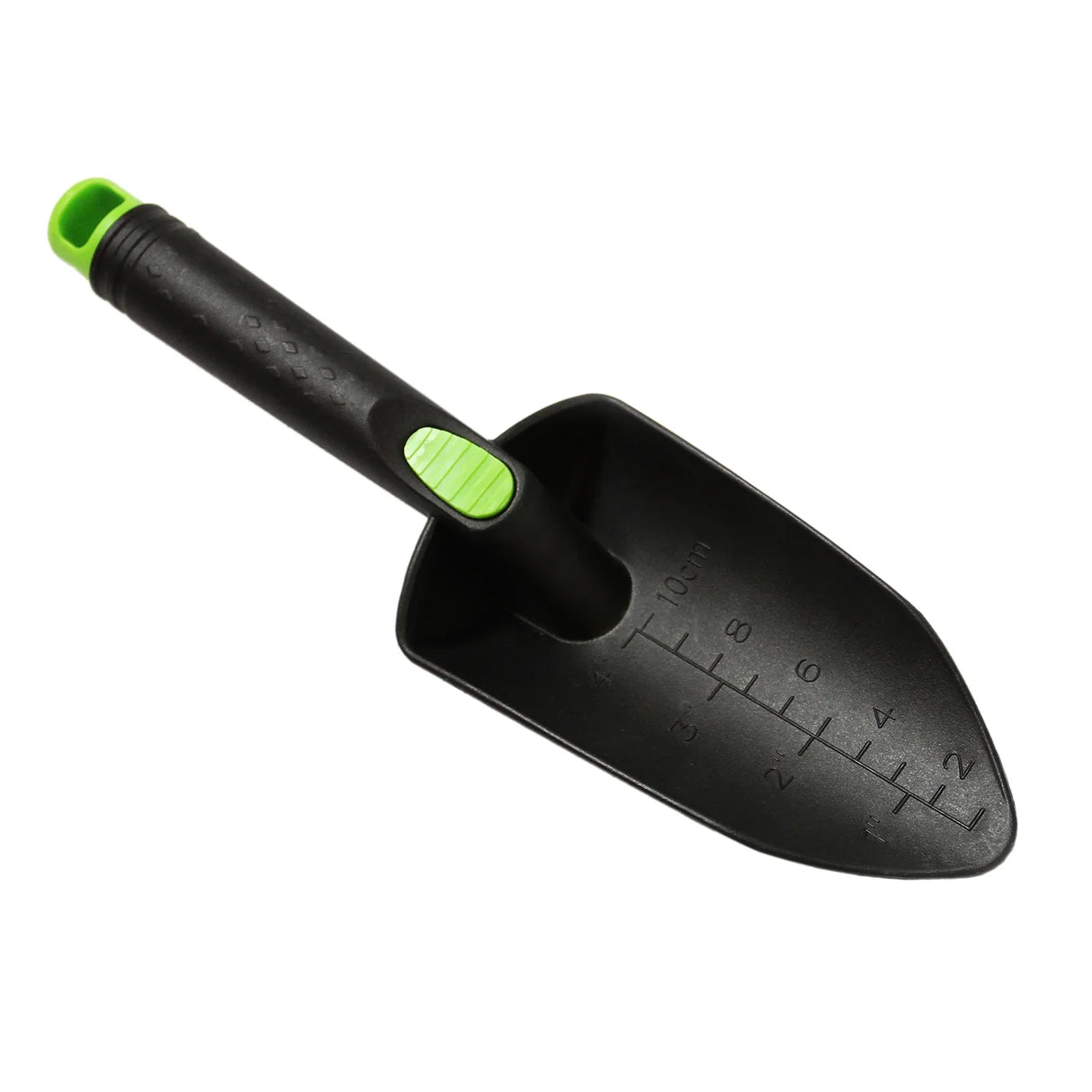 Black garden trowel with a green rubber grip, featuring measurement markings on the blade for precise planting and digging