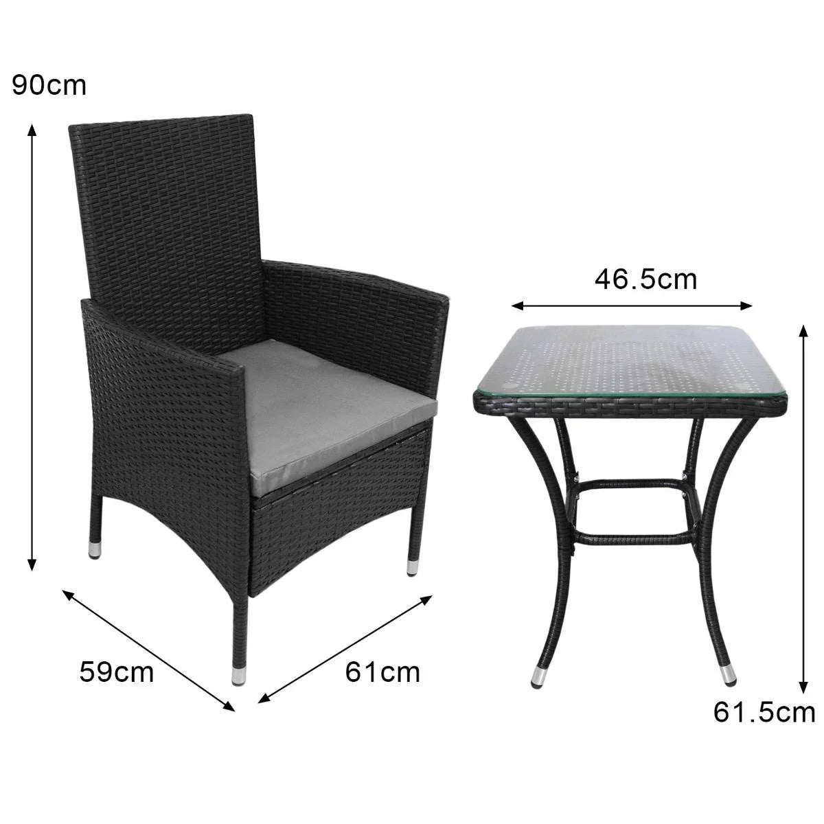 Black Jardí rattan bistro set featuring a high-backed chair with a gray cushion and a square glass-top table, perfect for outdoor dining