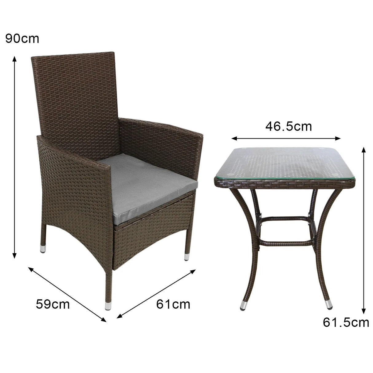 Brown rattan bistro set featuring a high-back chair with gray cushion and a square glass-top table, perfect for outdoor dining
