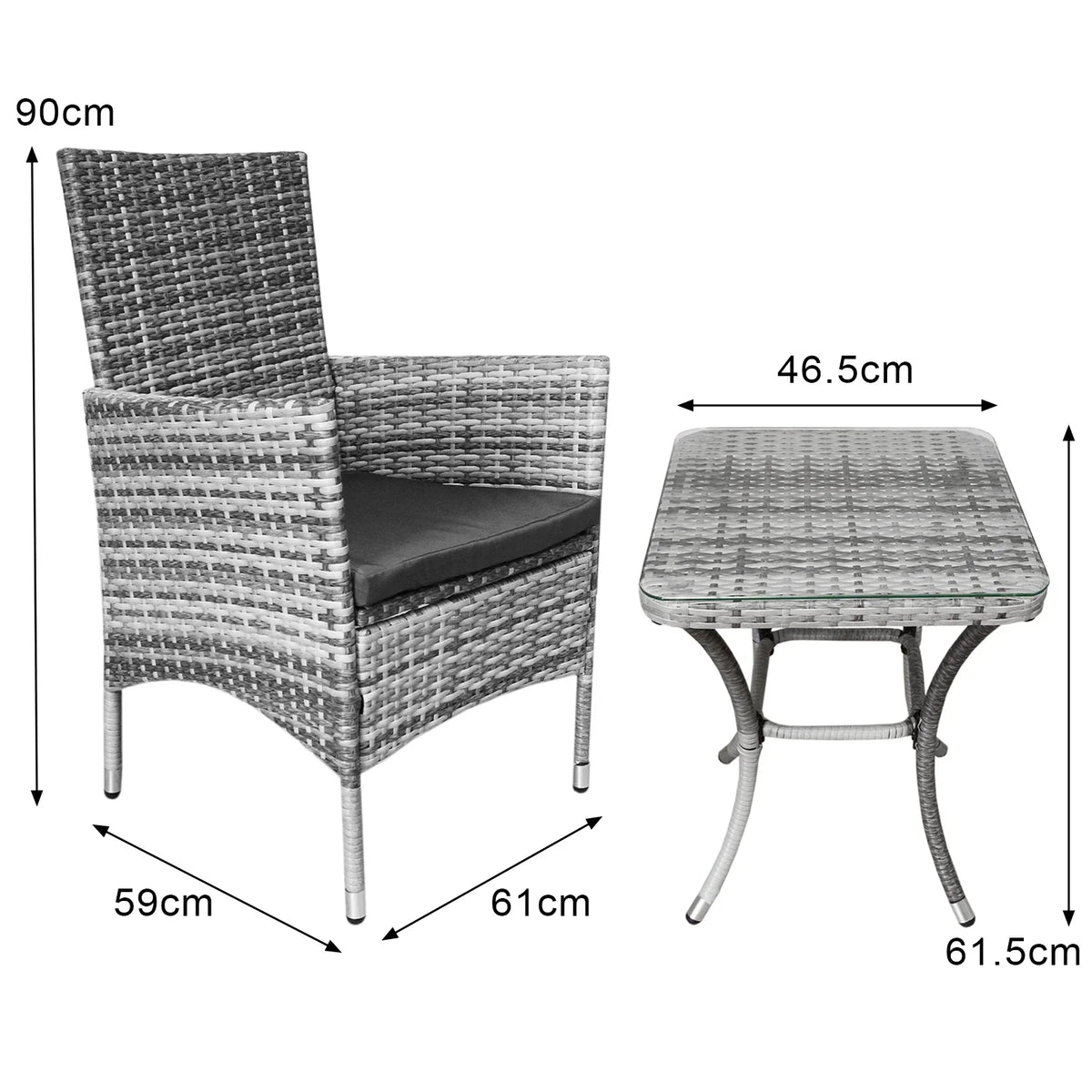 Light grey Jardí rattan bistro set featuring a high-back chair with cushion and a glass-top table, ideal for outdoor dining