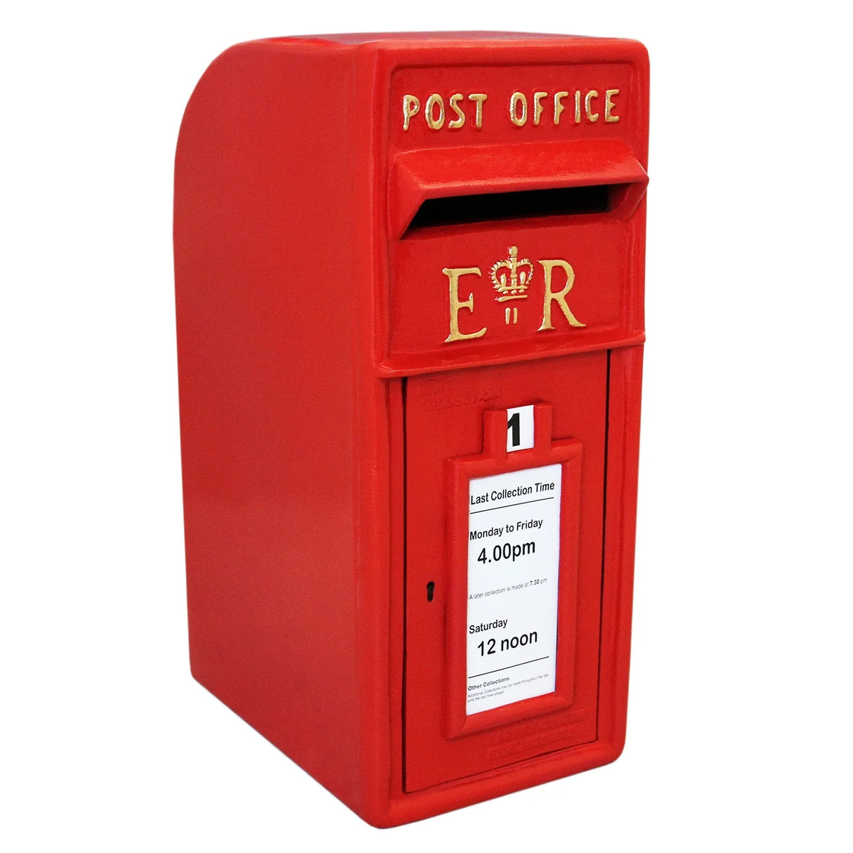 Bright red Royal Mail post box with gold lettering, featuring a collection time notice and a classic design for outdoor use