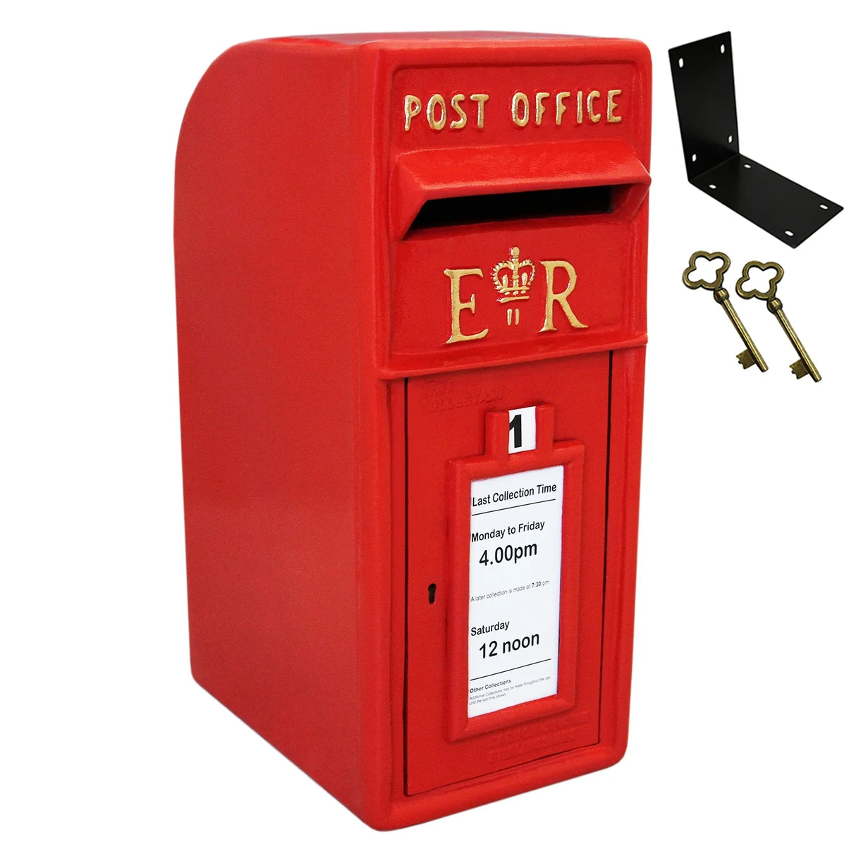 Bright red Royal Mail post box with gold lettering, featuring a collection slot, key access, and included mounting bracket and keys