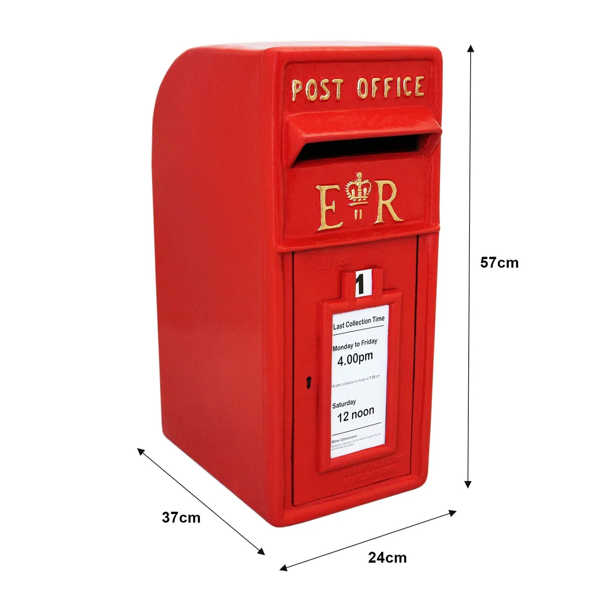 Bright red Royal Mail post box with gold lettering, featuring a collection time notice and a sturdy stand, measuring 57cm tall