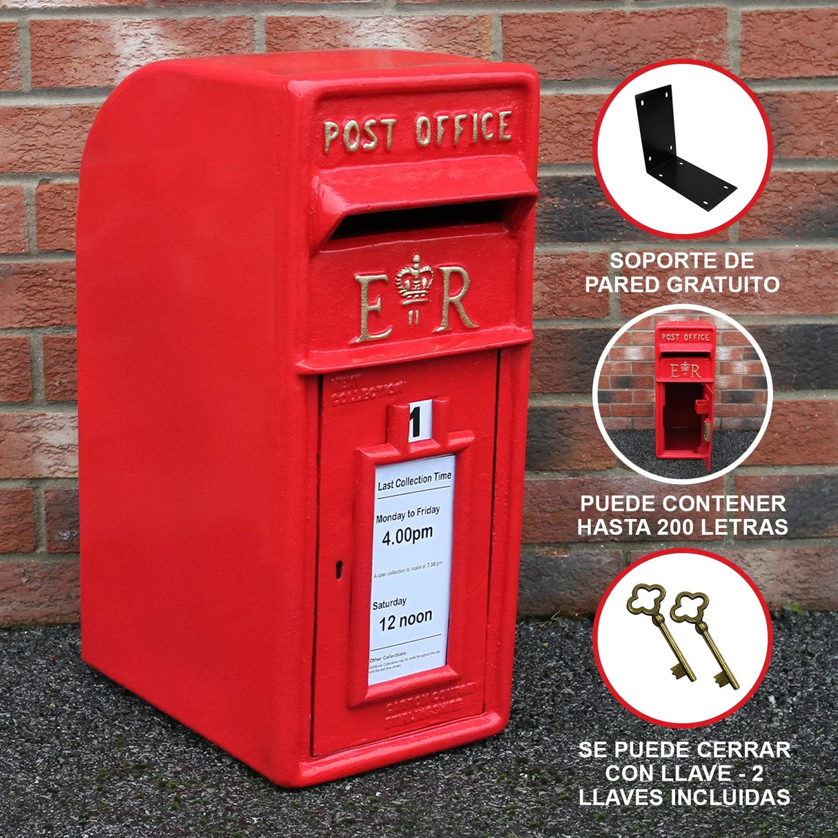 Bright red Royal Mail post box with a classic design, featuring a crown emblem, collection times, and a sturdy metal construction