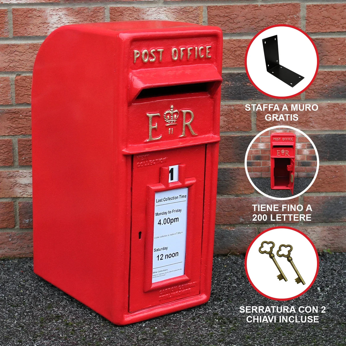 Bright red Royal Mail post box with a classic design, featuring a crown emblem, collection times, and wall-mounting bracket included