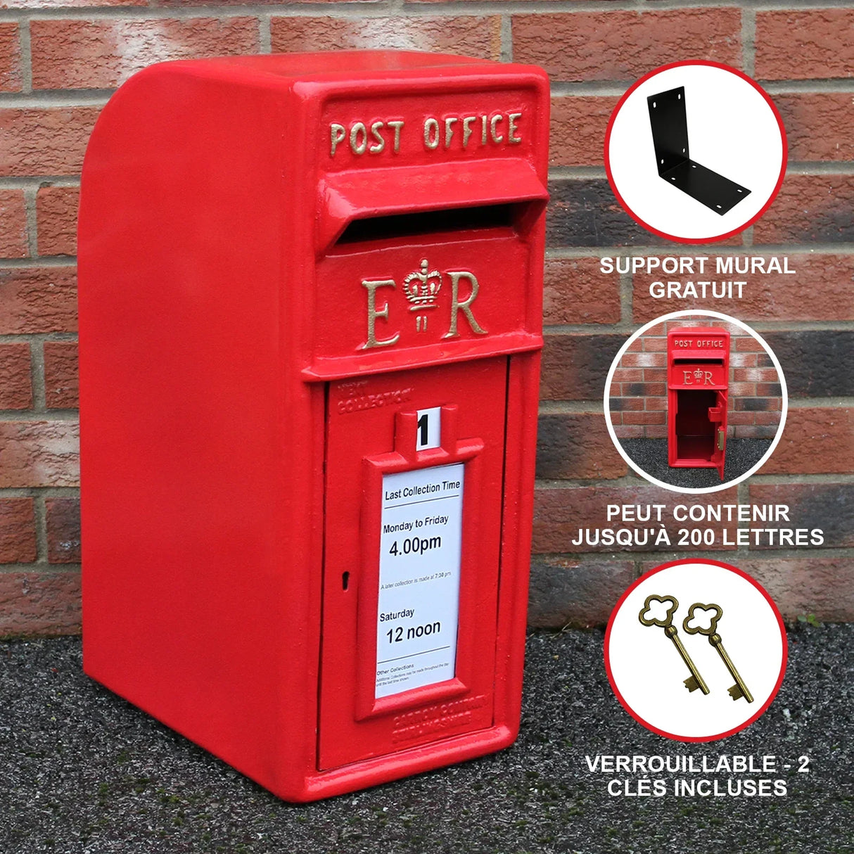 Bright red Royal Mail post box with a classic design, featuring a crown emblem, collection times, and a key slot for secure mail storage