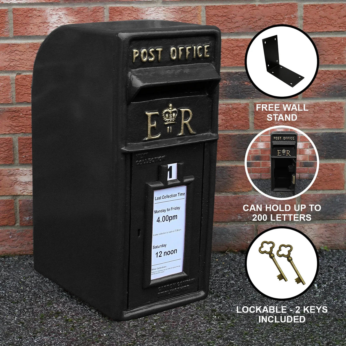Black Royal Mail post box with gold lettering, lockable design, holds up to 200 letters, includes two keys and wall stand