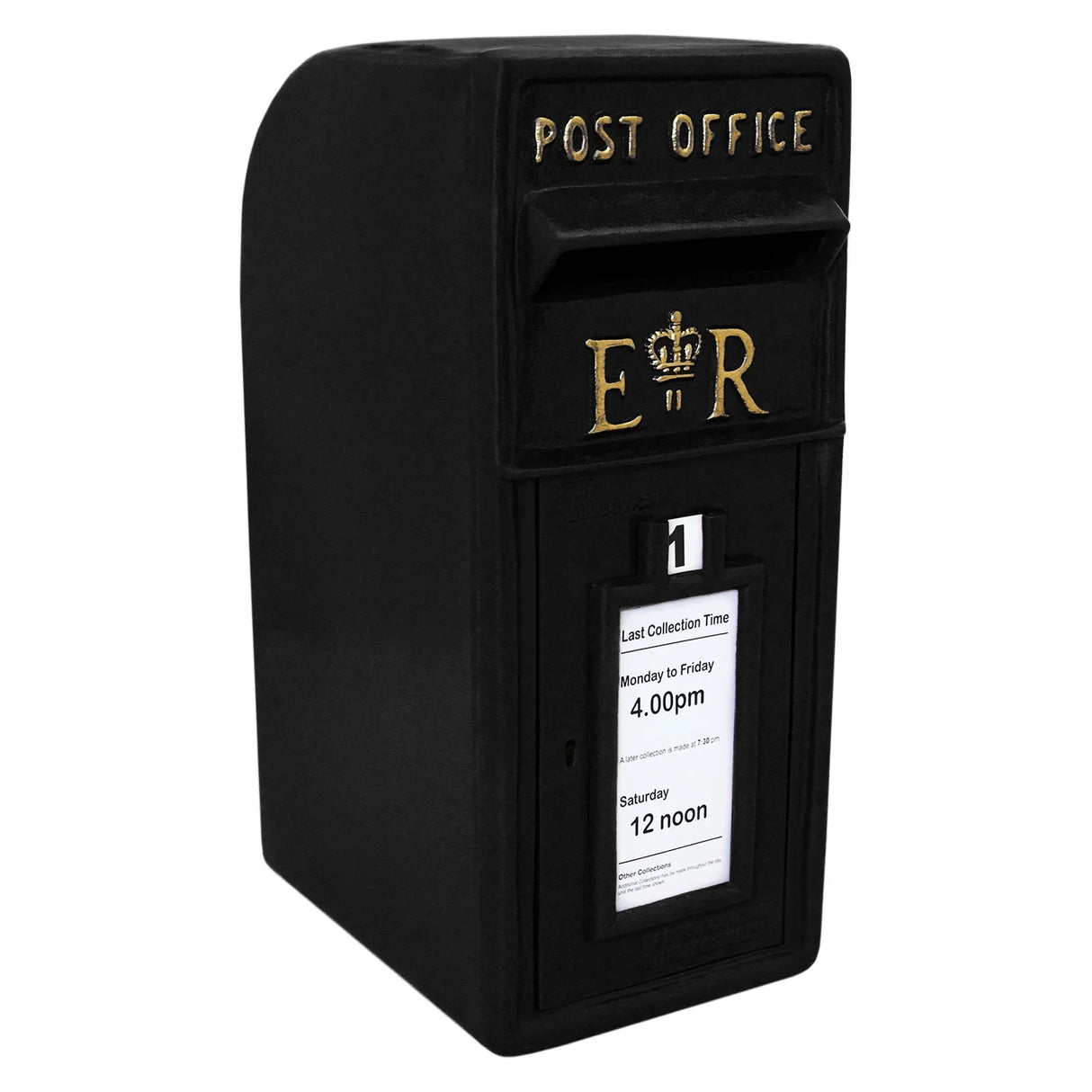 Black Royal Mail post box featuring a gold crown emblem, collection time notice, and a classic rectangular shape with a textured finish
