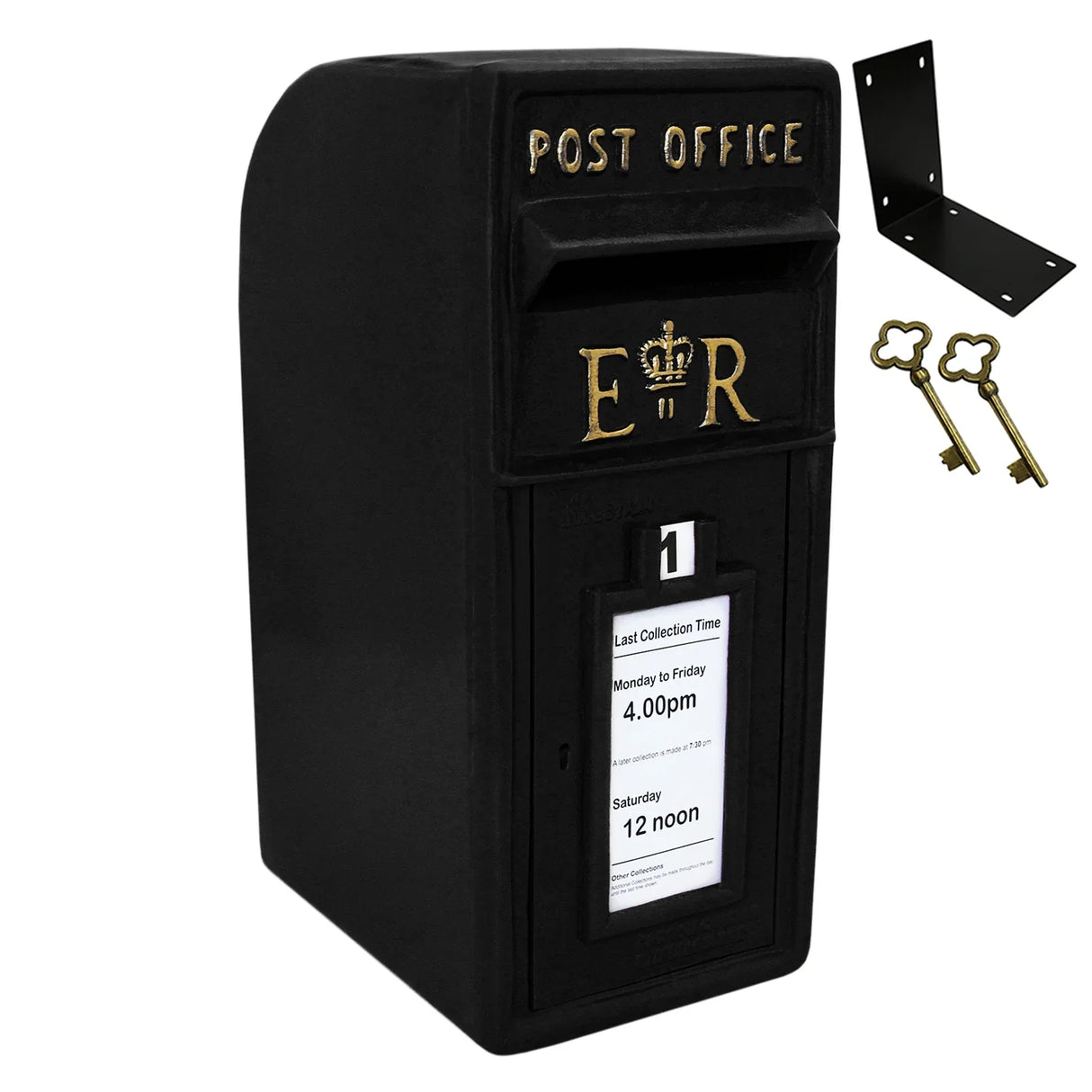Black Royal Mail post box with gold lettering, featuring a collection slot, keyholes, and two keys, ideal for home or office use