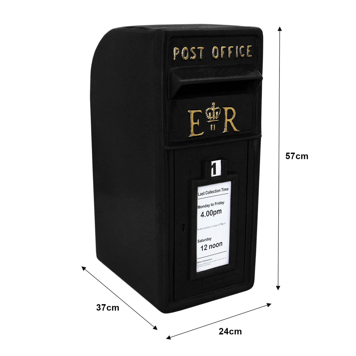 Black Royal Mail post box with a gold crown and lettering, featuring a collection time notice, sturdy stand, and classic design