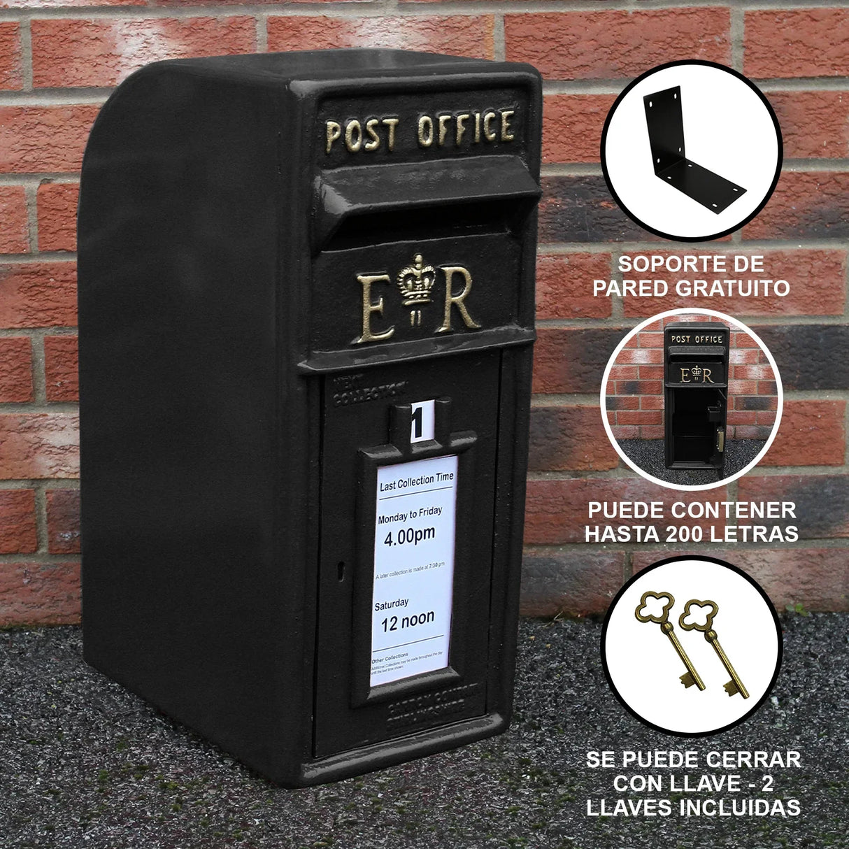 Black Royal Mail post box with a classic design, featuring a gold crown emblem, sturdy metal construction, and a slot for letters