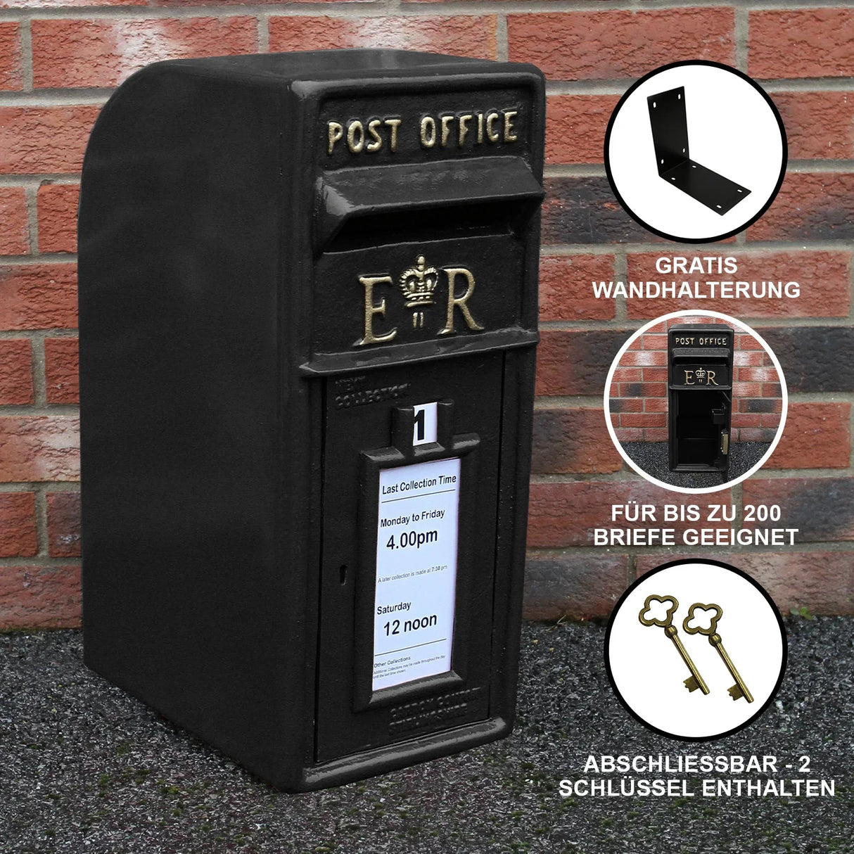 Black Royal Mail post box with a classic design, featuring a gold crown and lettering, suitable for up to 200 letters, wall-mounted