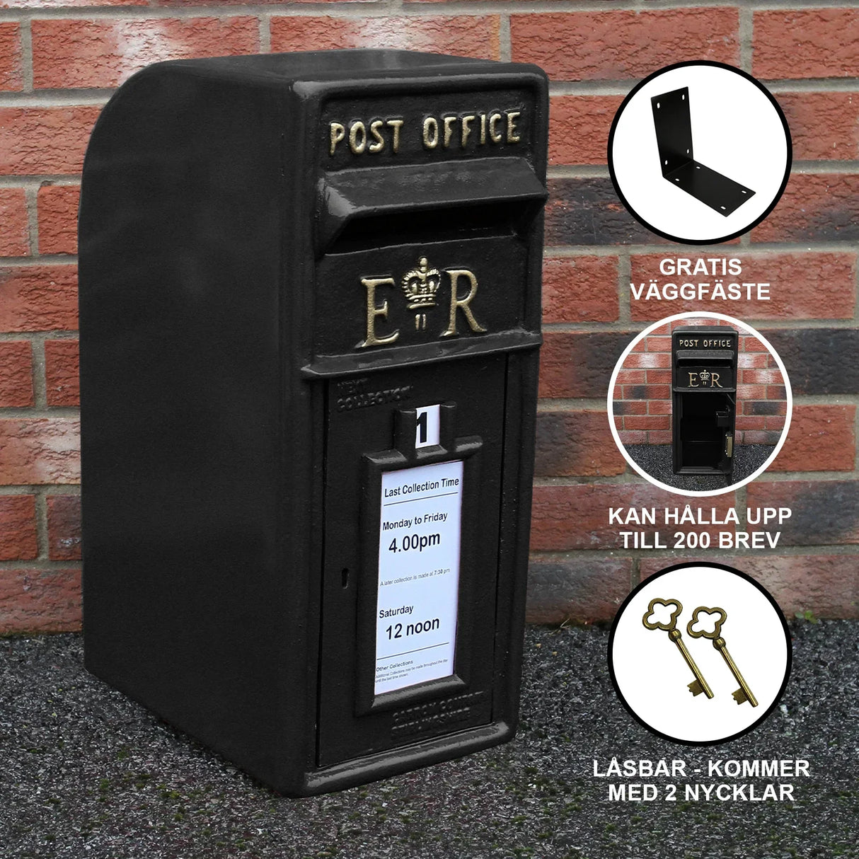 Black Royal Mail post box with a classic design, featuring gold lettering, a sturdy metal structure, and a slot for letters