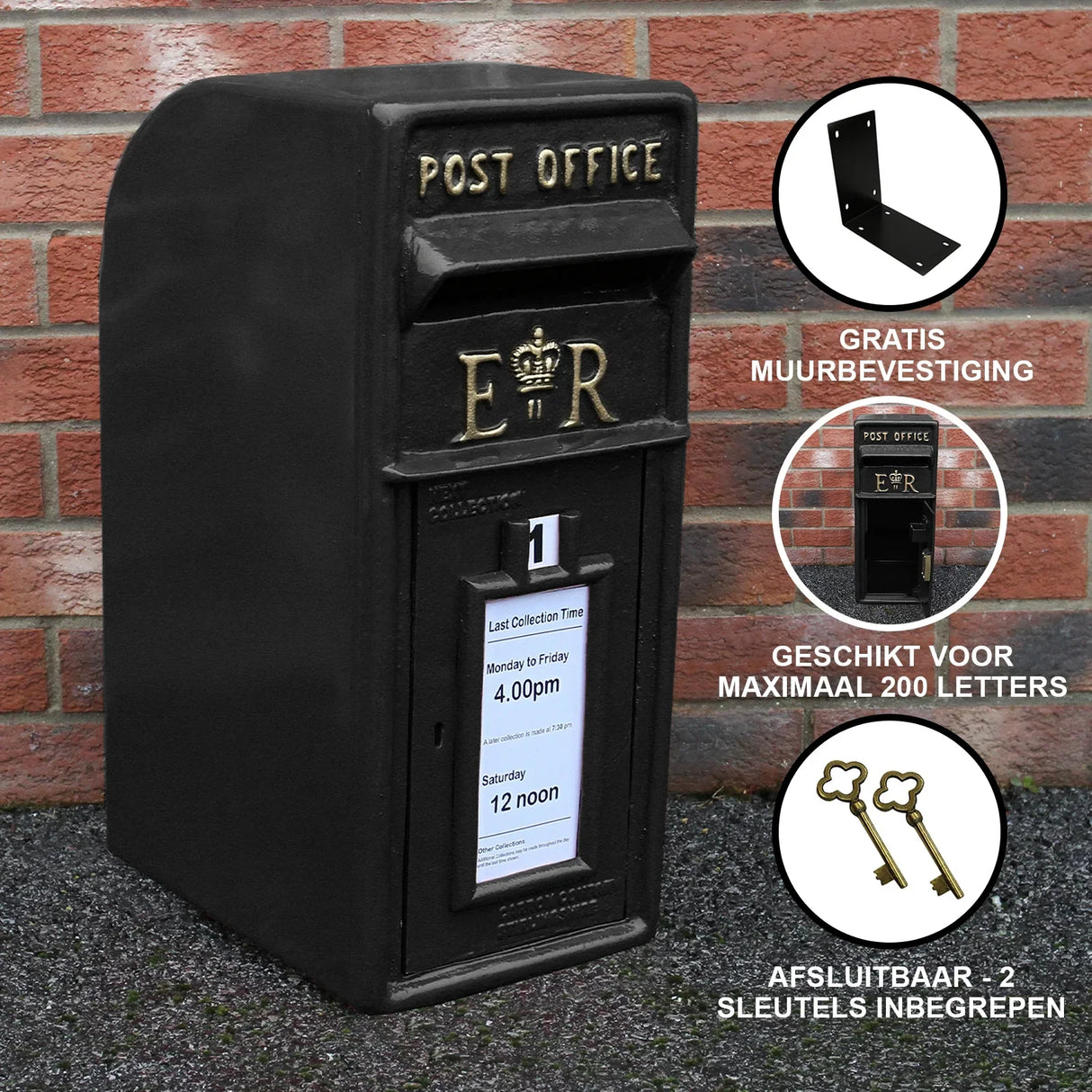 Black Royal Mail post box with a vintage design, featuring a textured black finish, gold lettering, and a collection time display