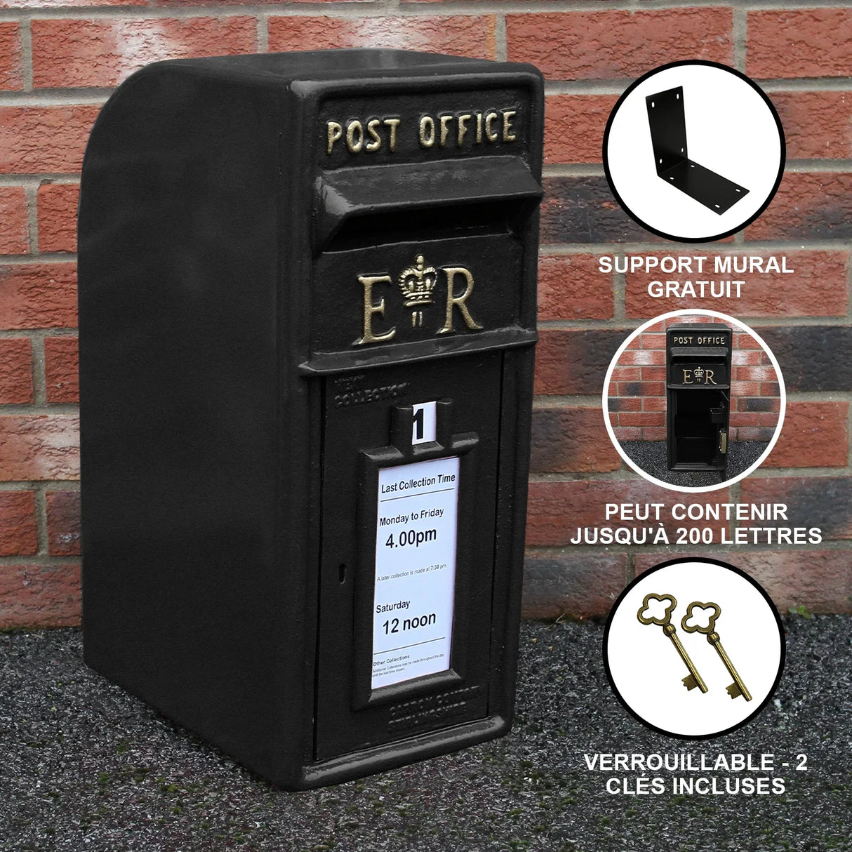 Black Royal Mail post box with a classic design, featuring a gold crown emblem, sturdy metal construction, and wall-mounting option