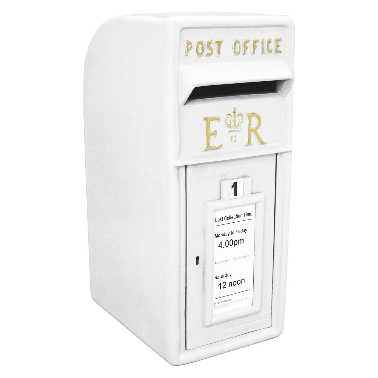 White Royal Mail post box with gold lettering, featuring a collection time notice and a classic design on a sturdy stand