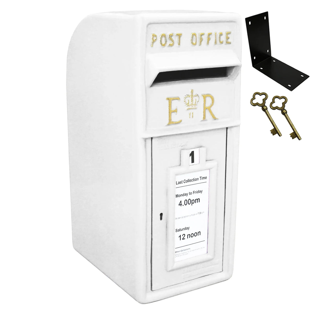White Royal Mail post box with gold lettering, collection times displayed, includes mounting bracket and keys for secure use