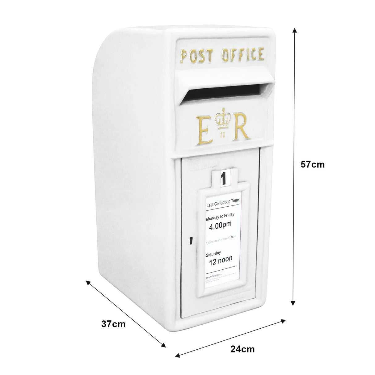 White Royal Mail post box with gold lettering, featuring a collection slot, dimensions 57cm height, 37cm width, 24cm depth