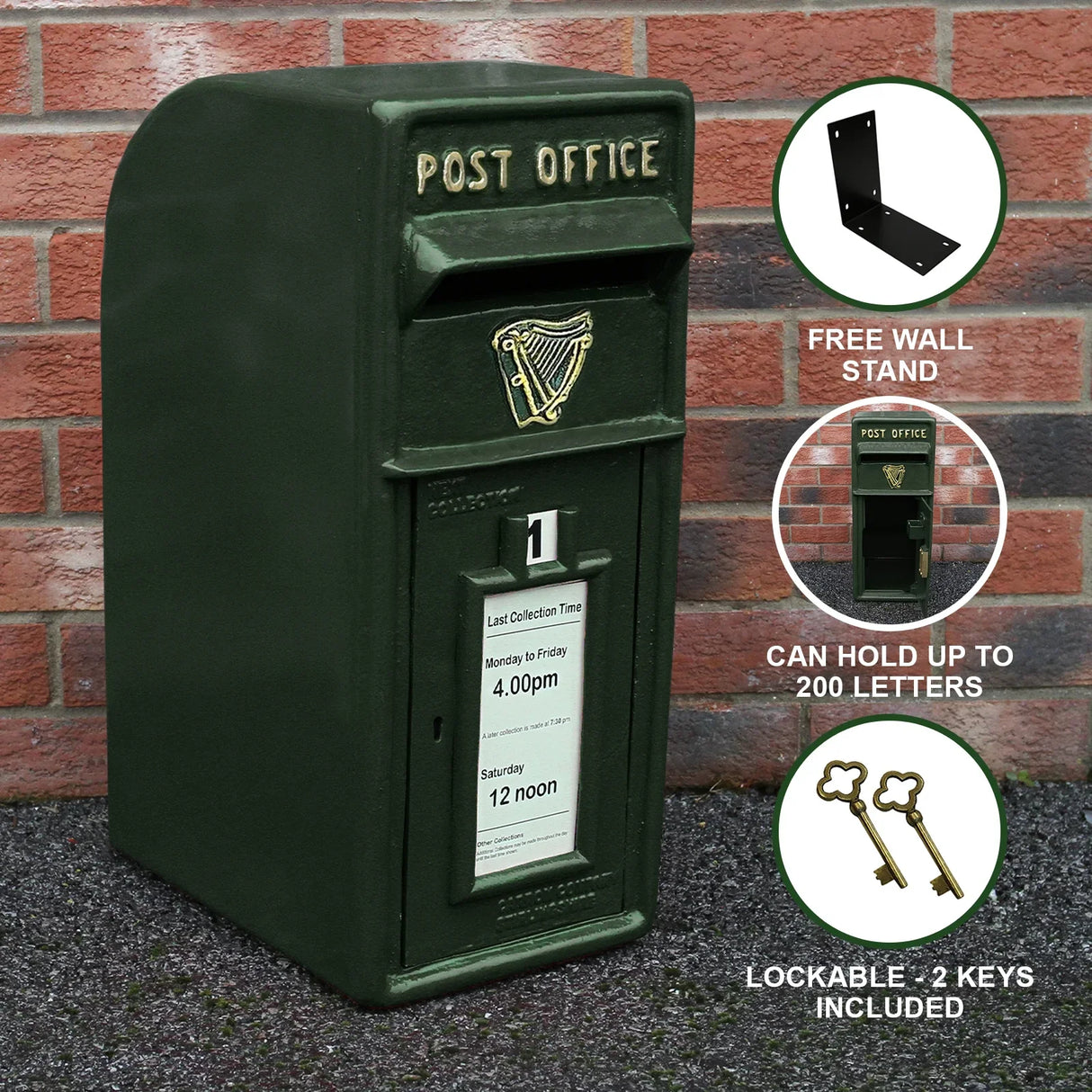 Green Irish post box in dark green, featuring a gold harp logo, lockable design, and collection times for letters displayed prominently