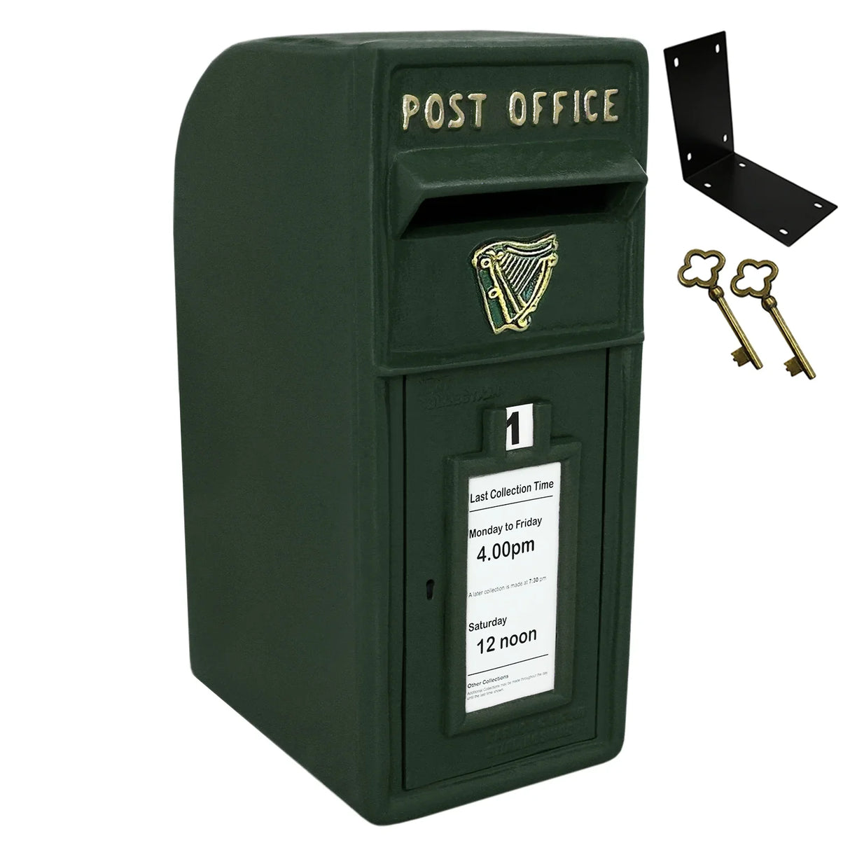 Green Irish post box with gold lettering, harp emblem, collection times displayed, includes mounting bracket and keys