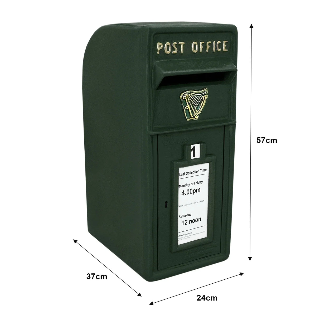 Green Irish post box with a harp emblem, featuring a collection slot, dimensions 57cm height, 37cm width, and 24cm depth