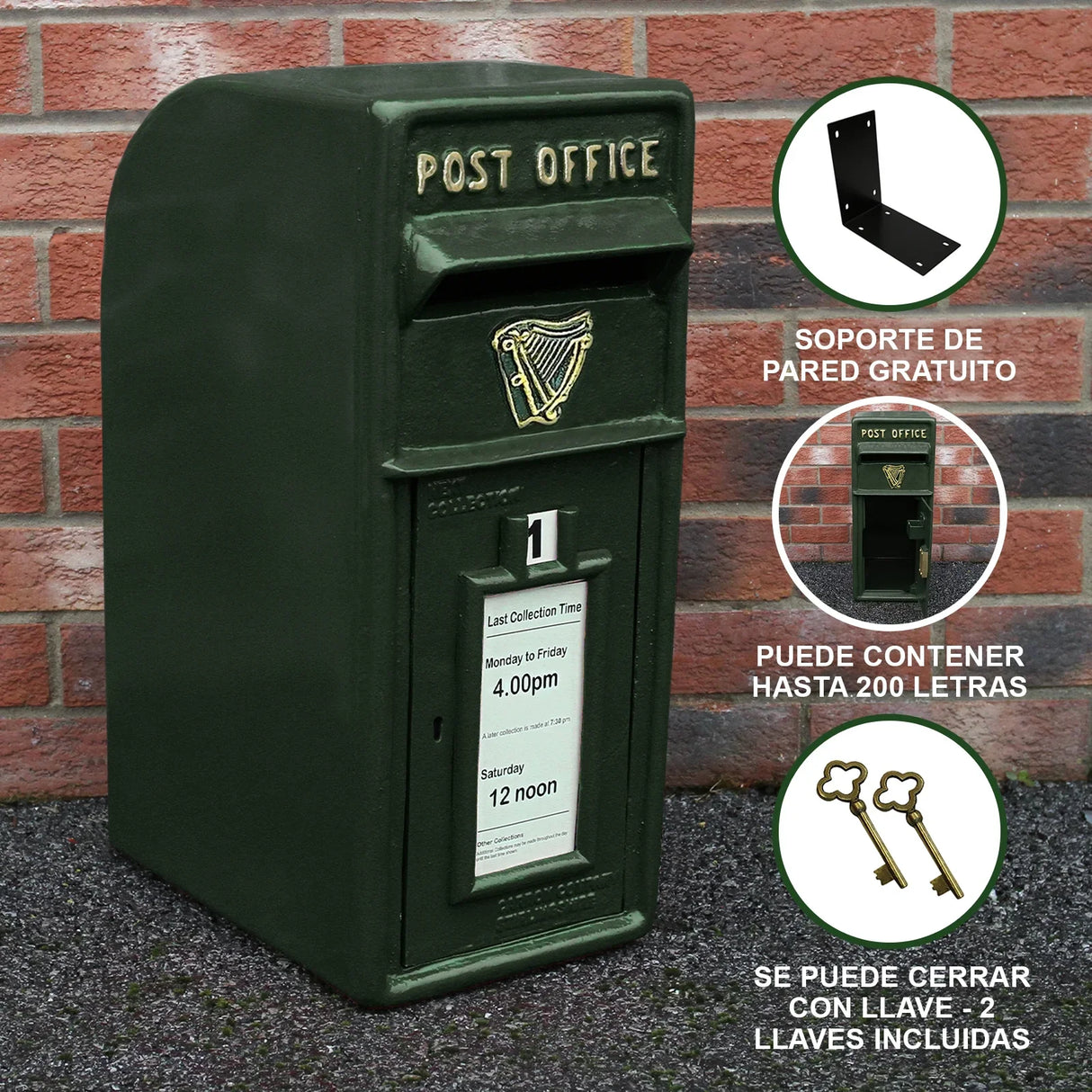 Green Irish post box in dark green with gold accents, featuring a collection time display and a sturdy design for outdoor use