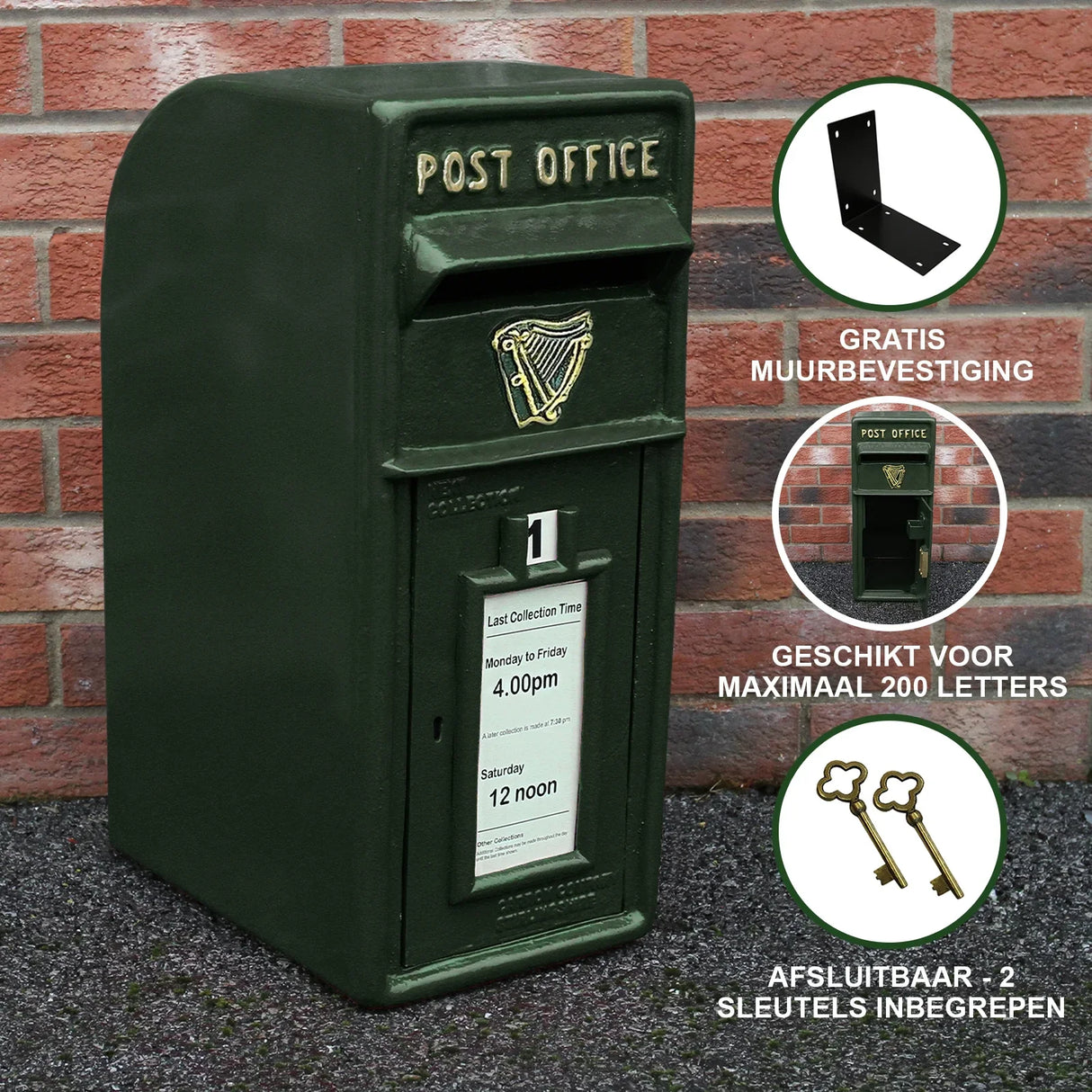 Green Irish post box in dark green with gold accents, featuring a collection time window and a sturdy metal design, perfect for letters