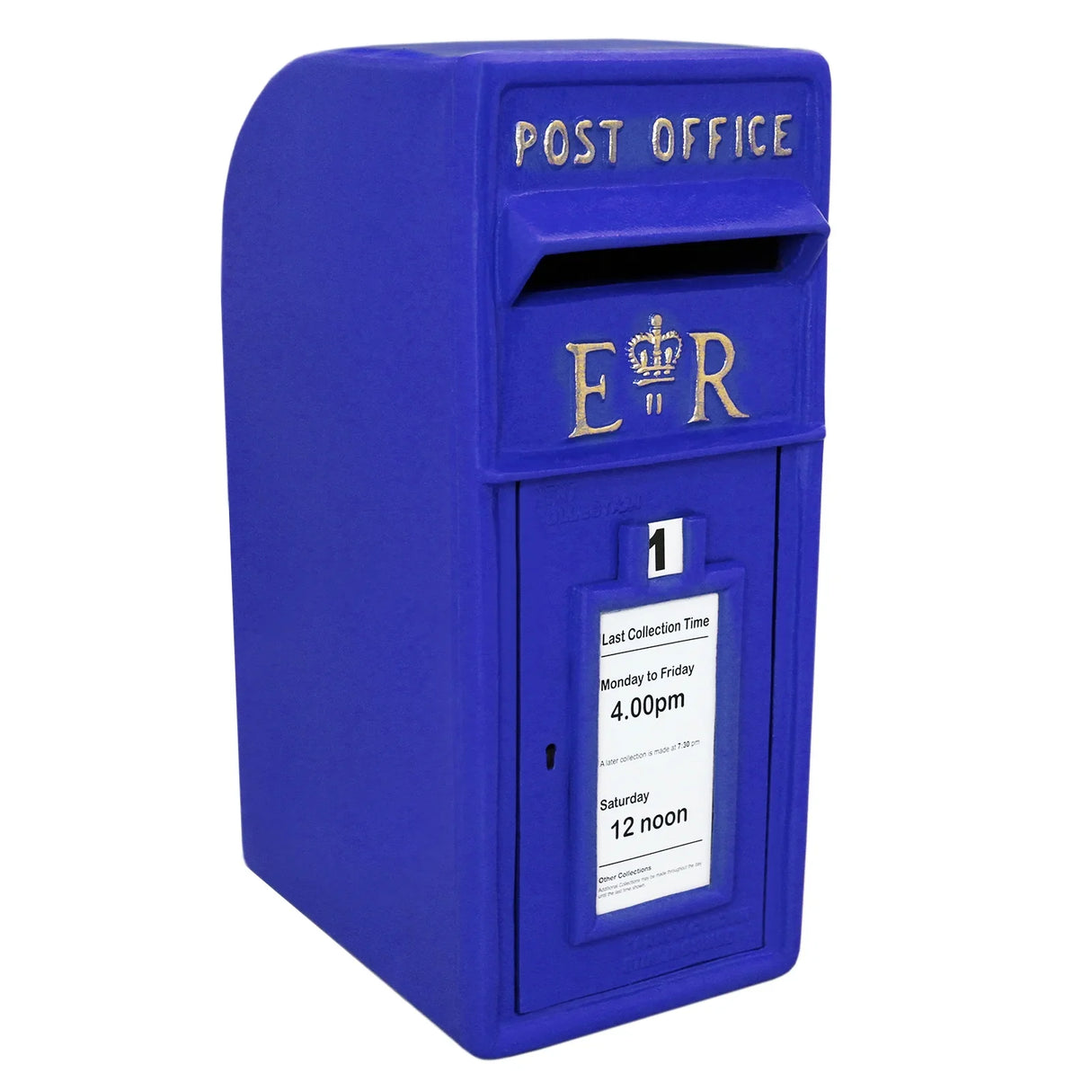 Bright blue Scottish post box with gold lettering, featuring a collection slot and a clear time display for mail collection