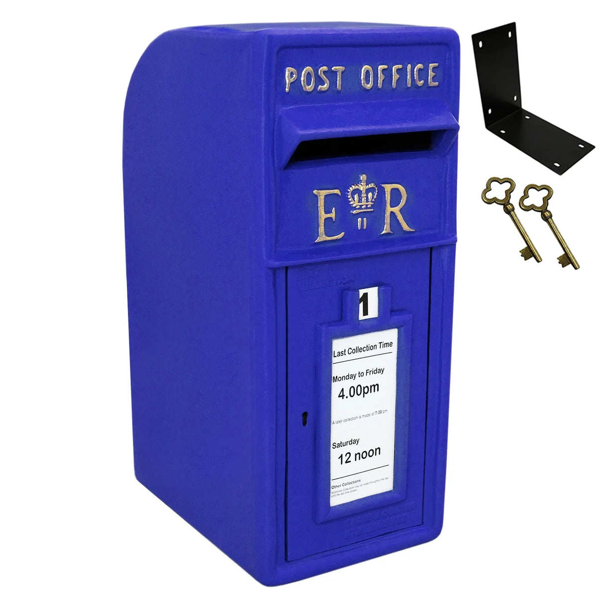 Bright blue Scottish post box with gold lettering, featuring a collection time notice and includes mounting brackets and keys