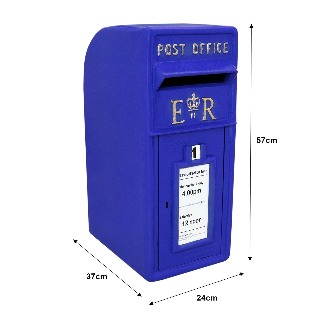 Bright blue Scottish post box with gold lettering, featuring a royal crest, mounted on a sturdy stand, dimensions 57cm x 37cm x 24cm