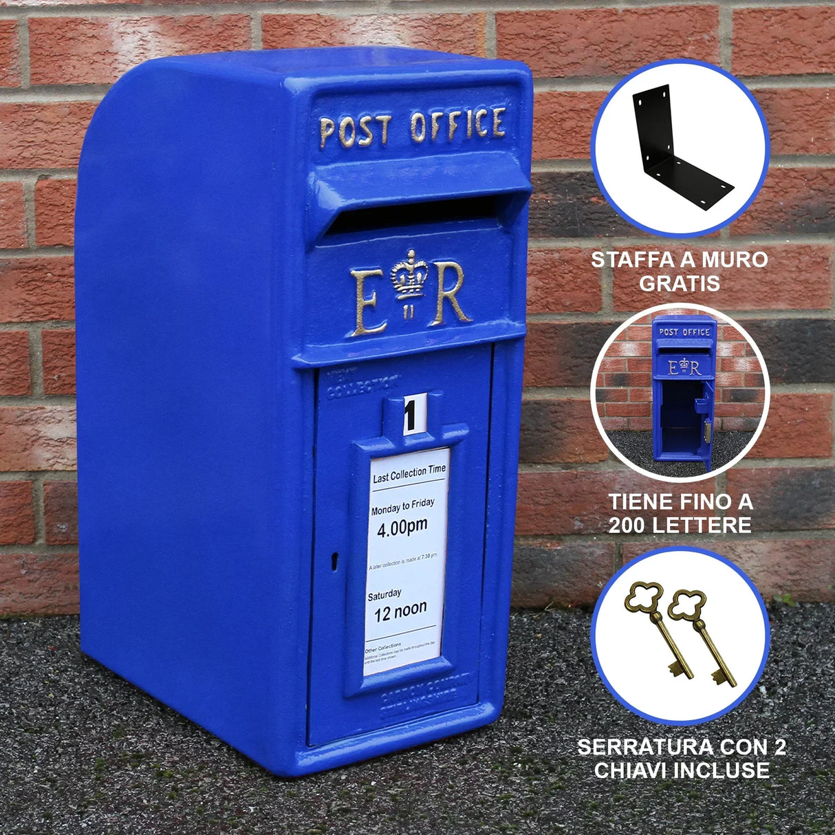 Bright blue Scottish post box with a royal emblem, featuring a collection time notice and wall-mounting bracket included