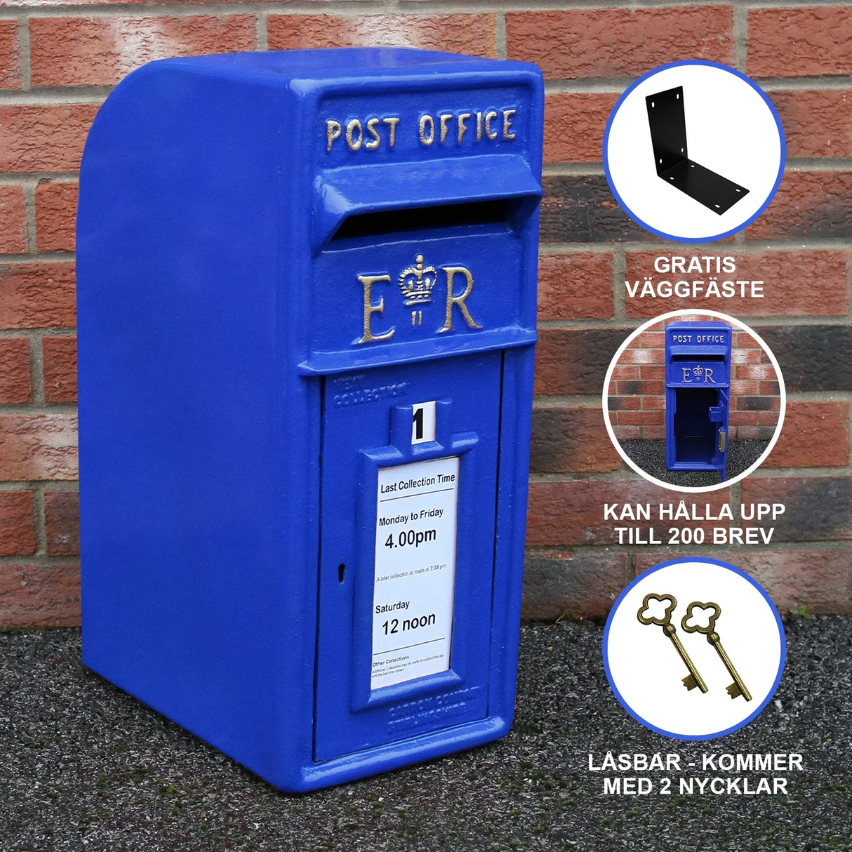 Bright blue Scottish post box with gold crown detail, featuring a collection time slot and sturdy design for holding up to 200 letters