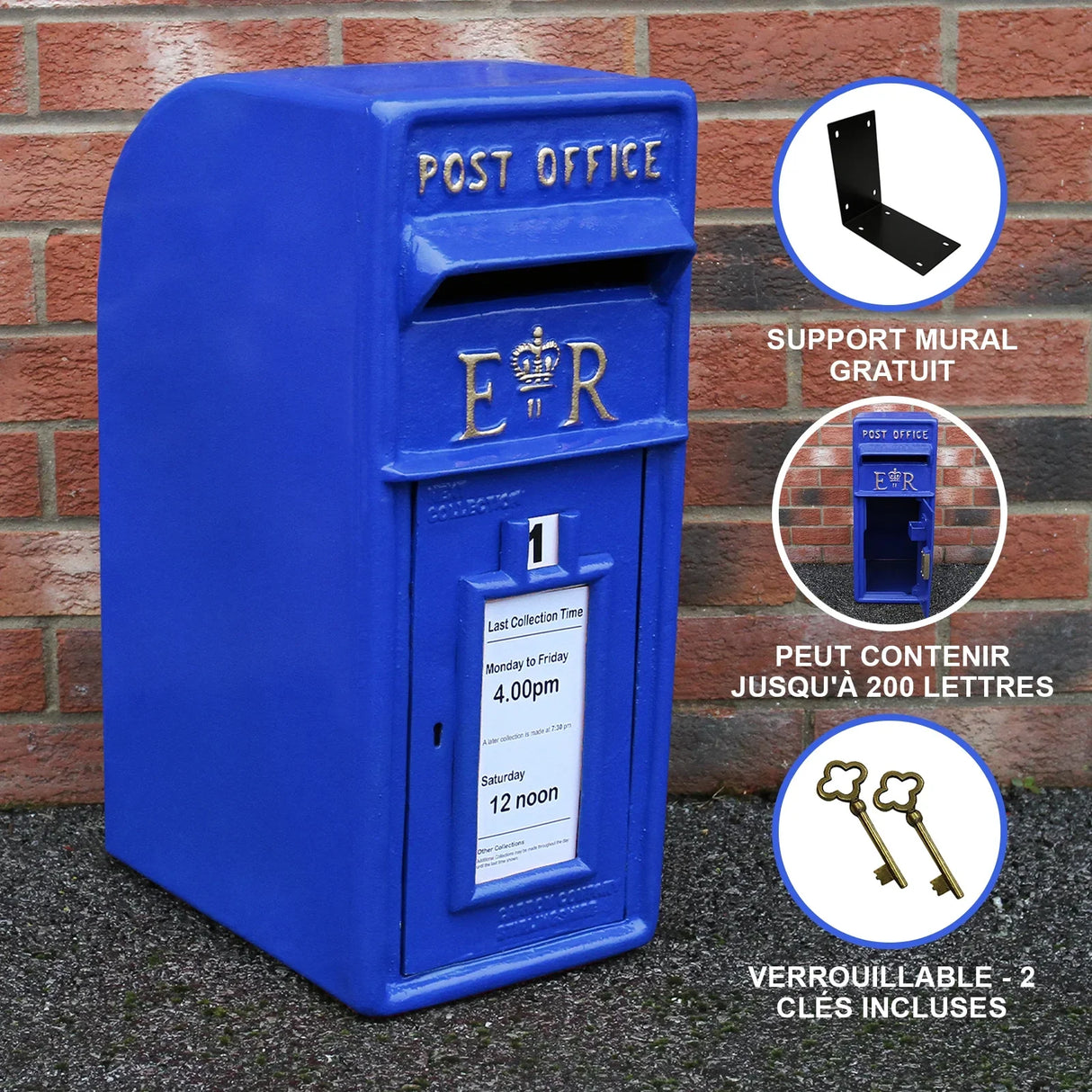Bright blue Scottish post box with a royal insignia, featuring a collection time slot and a secure lock, ideal for outdoor use