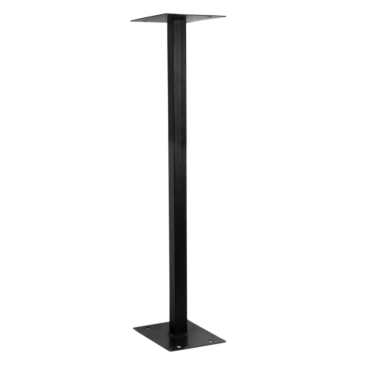 Sleek black metal post box stand with a square base and a flat top, designed for stability and modern aesthetics in outdoor settings