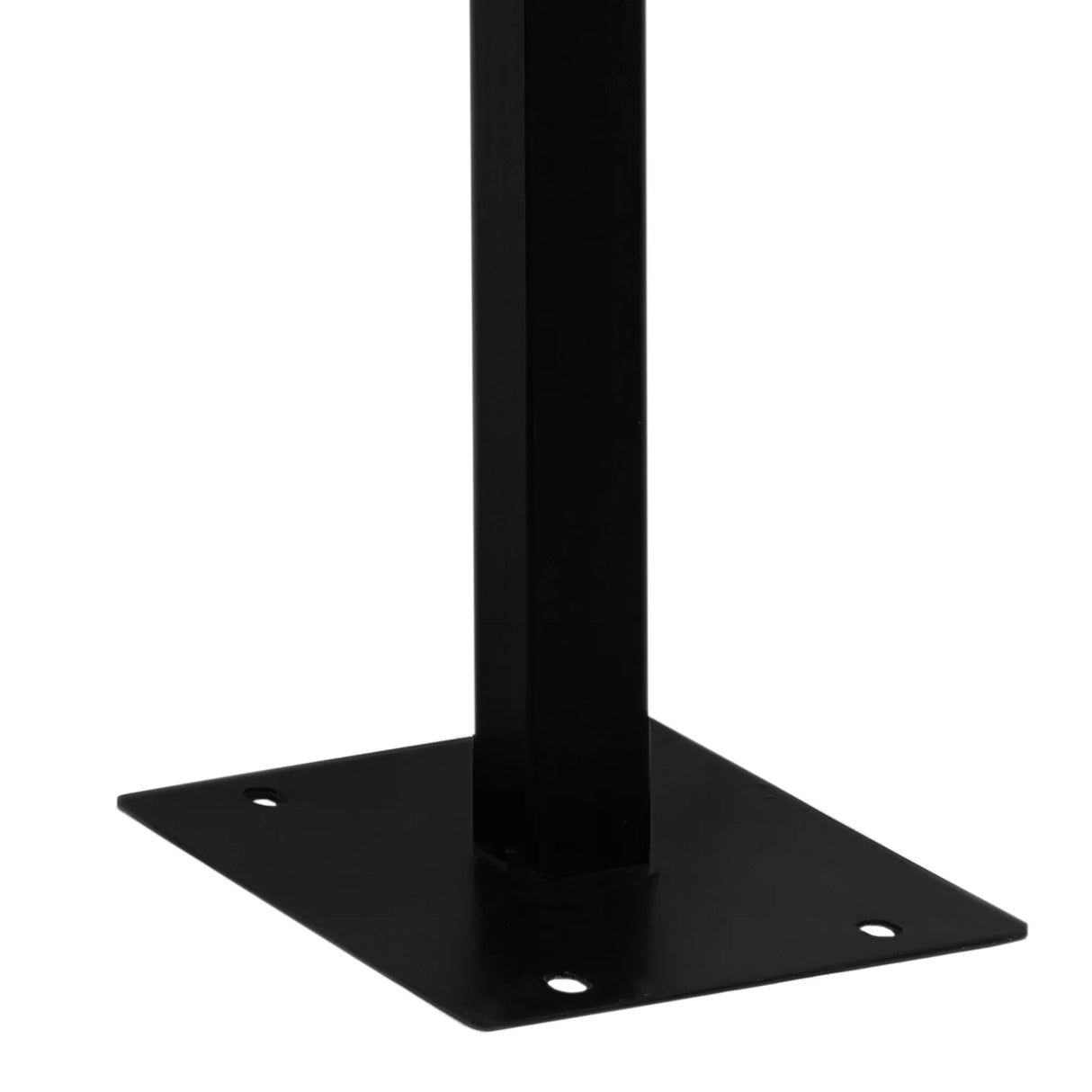 Sturdy black metal post box stand with a square base and four mounting holes, designed for secure outdoor mail storage