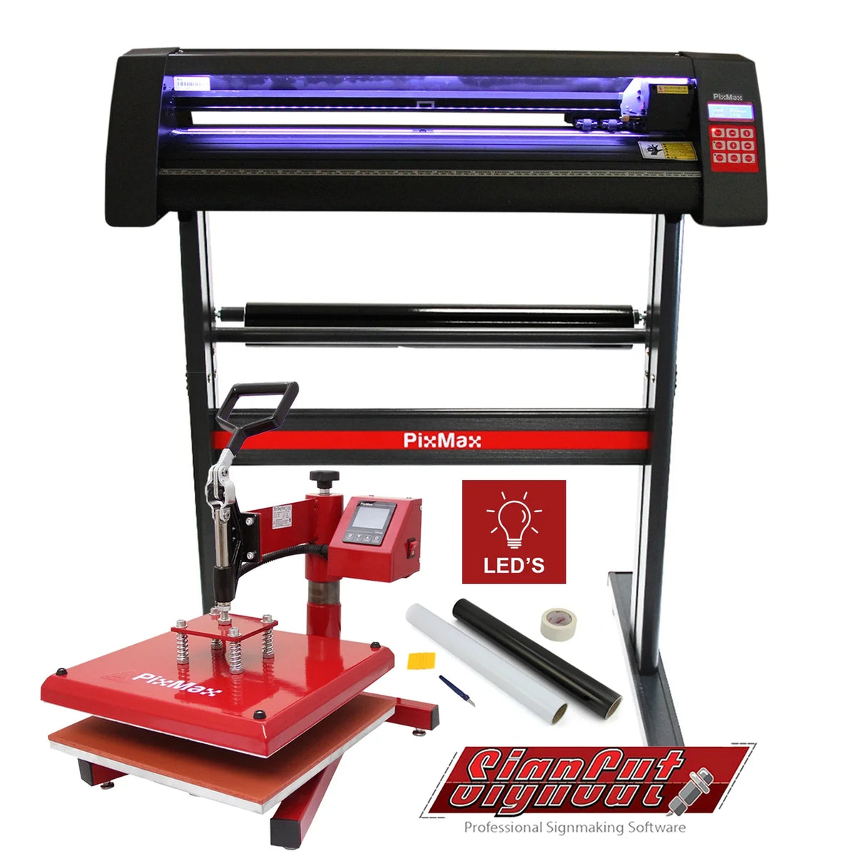 LED vinyl cutter with a sleek black design, 38cm swing heat press, and software, featuring vibrant LED lights and essential tools for signmaking