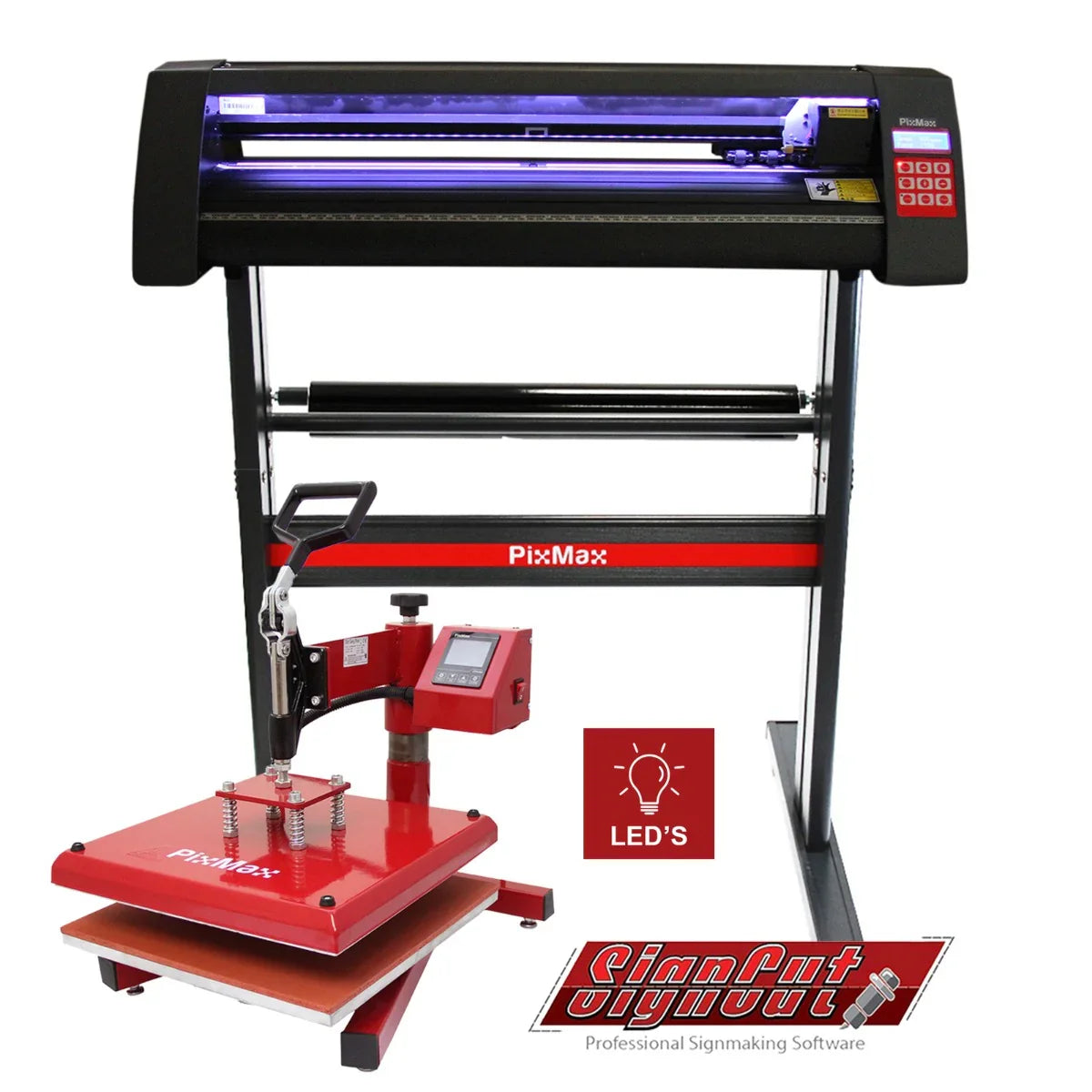 LED vinyl cutter with a sleek black design, 38cm swing heat press in vibrant red, includes professional software for sign making