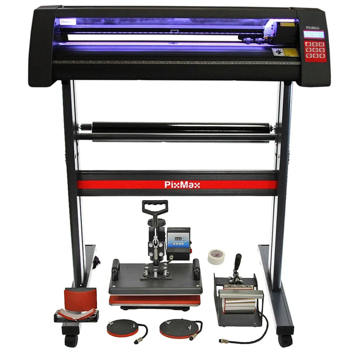 Vinyl cutter LED machine with a sleek black design, includes 5 in 1 heat press, tools, and accessories for crafting projects