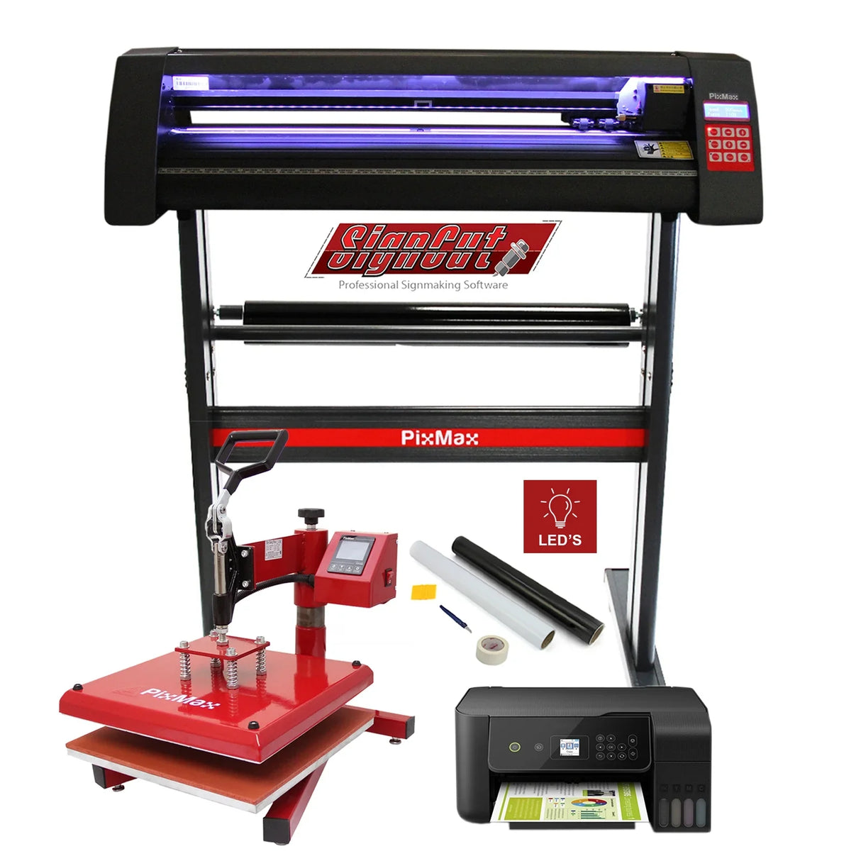 Pixmax 38cm heat press and vinyl cutter set, featuring a sleek black and red design, LED printer, and professional software for crafting projects