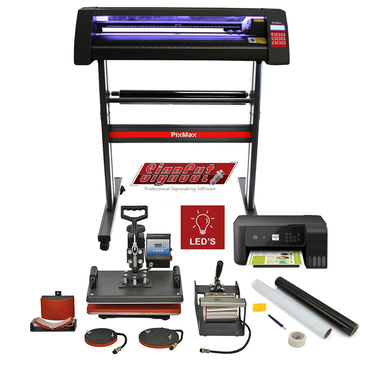 Vinyl cutter with LED display, 5-in-1 heat press, printer, Signcut Pro software, and weeding kit, all in sleek black and red design