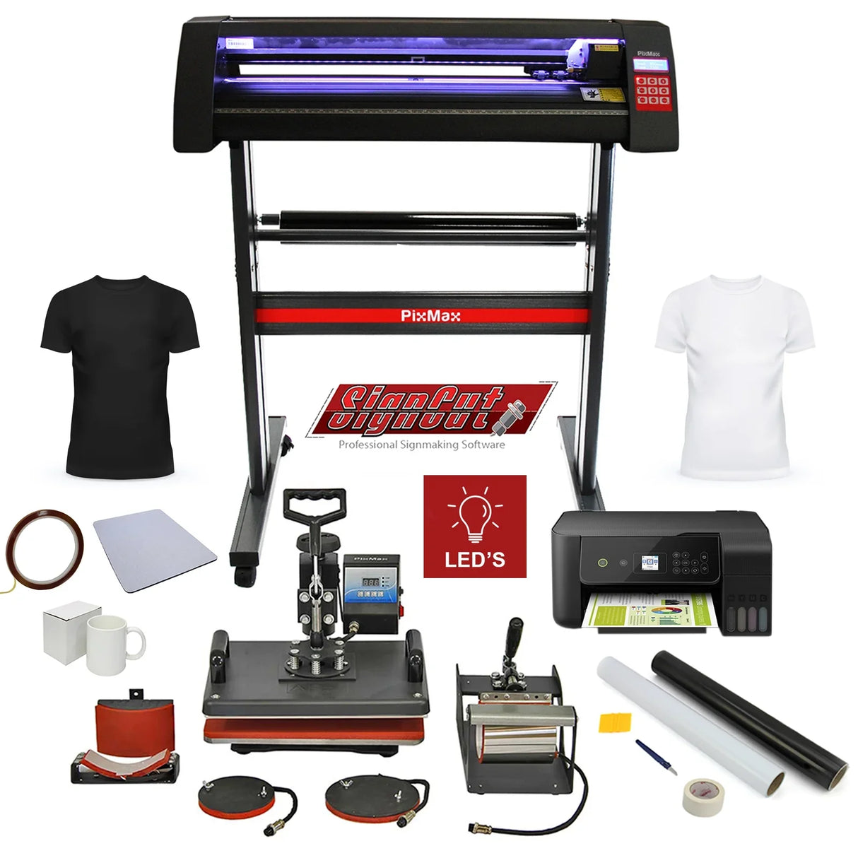PixMax Da Vinci Bundle 5 in 1 includes a heat press, LED vinyl cutter, printer, and various accessories for crafting projects